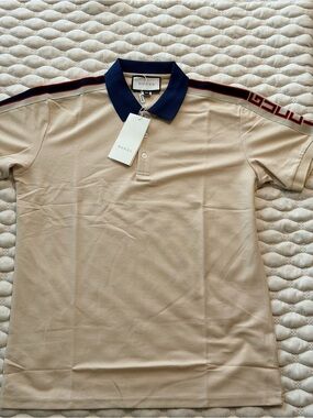 Gucci Beige Polo with Navy Collar and Red-Trim Shoulder Stripe